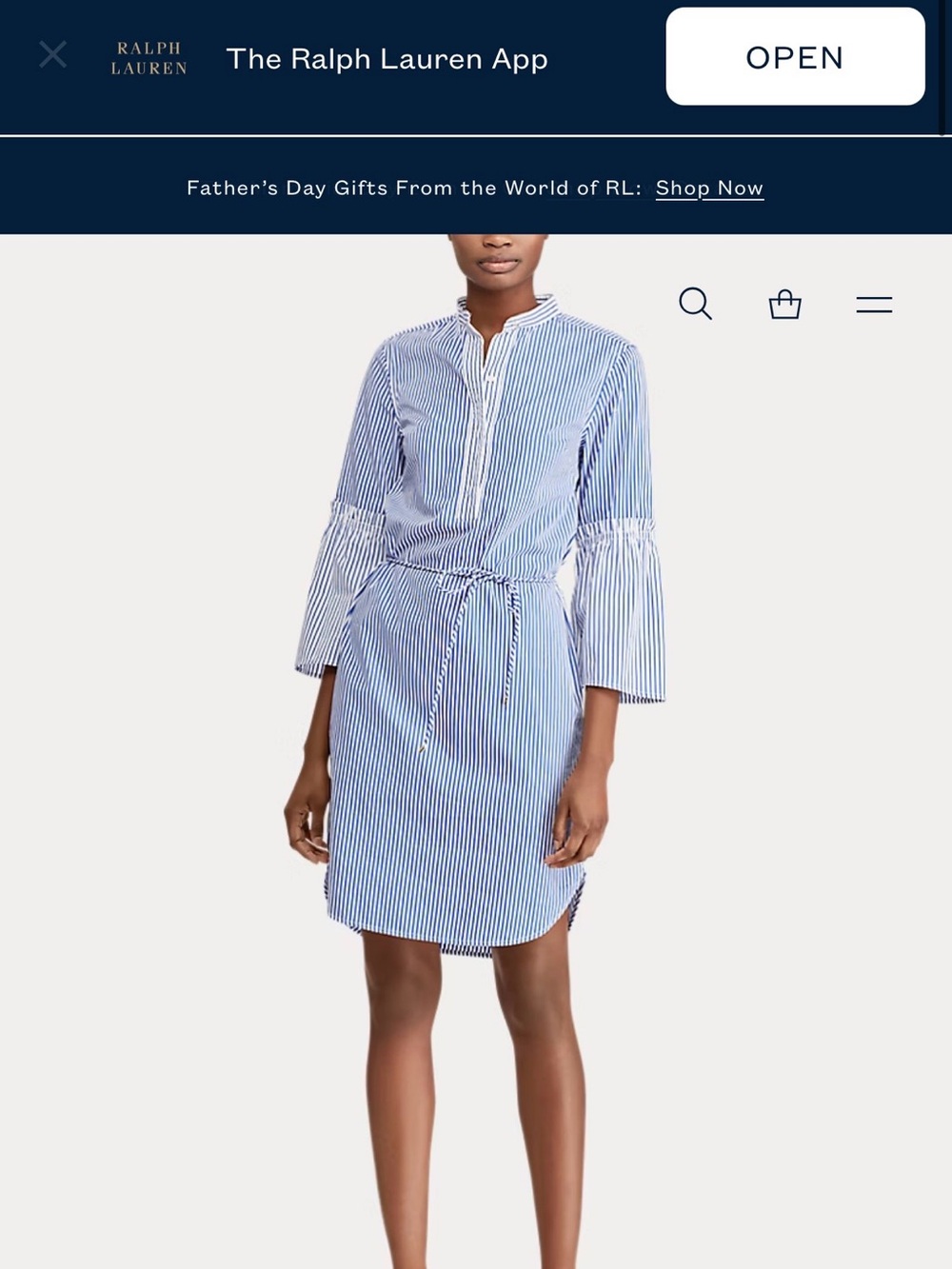 Ralph Lauren Cotton Blue and White Stripe Tie-Waist Shirt Dress, ruffled sleeves